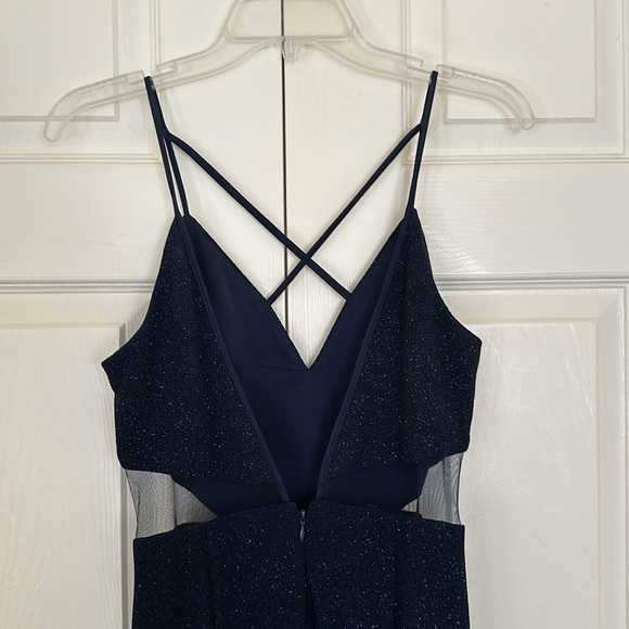 Navy Sparkly Dress with Side Cutouts and Front Slit with Cross V Neckline Size 9 - Picture 4 of 8